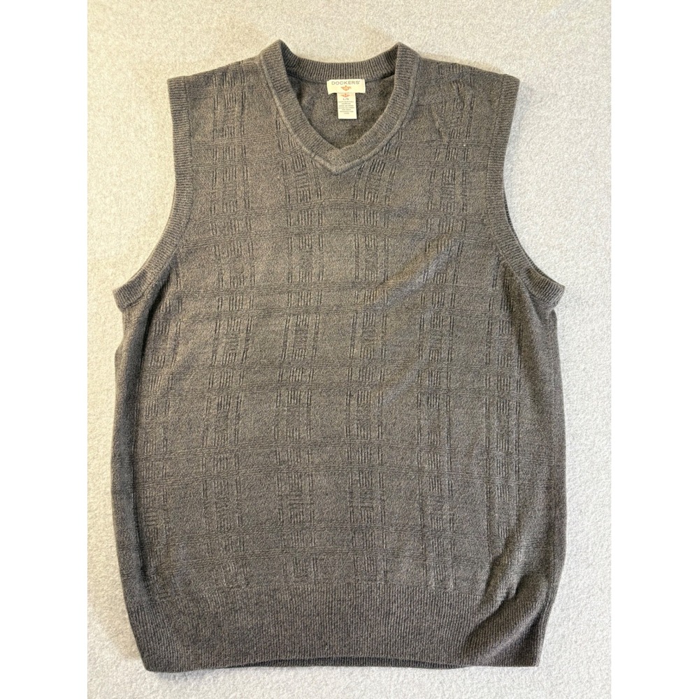 Dockers Mens V-Neck Sweater Vest Gray Textured Knit Sleeveless Pullover Large